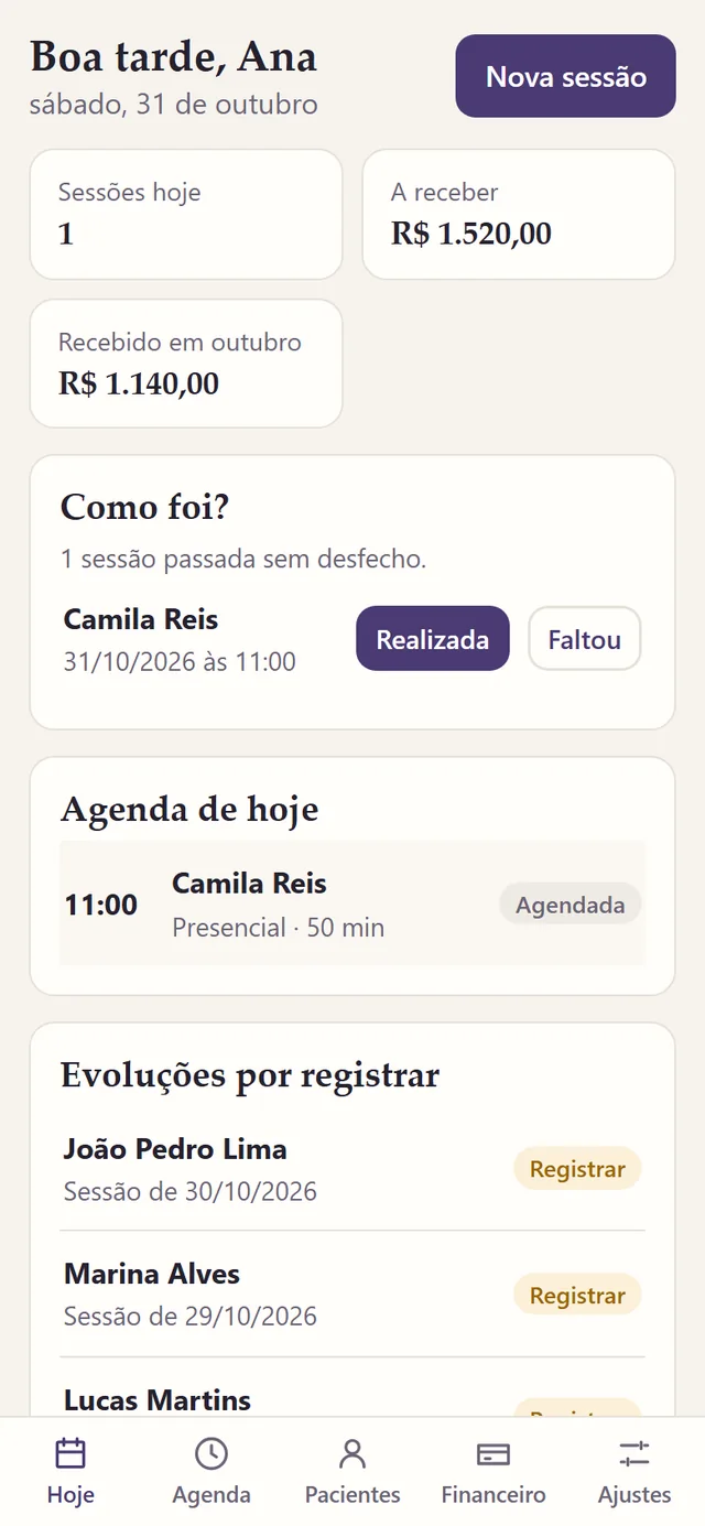 Tela Hoje no celular, com sessões e valores a receber